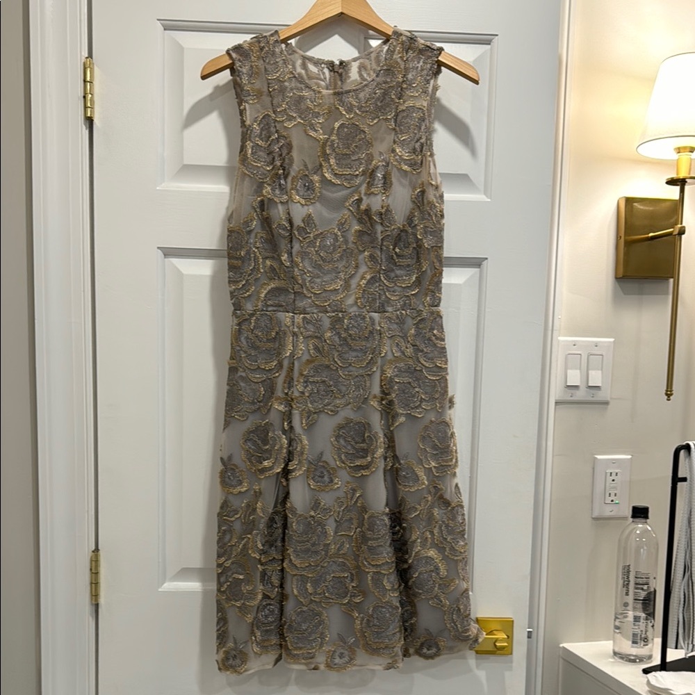 Tan and Brown Knee-Length Sleeveless Sheath Dress
